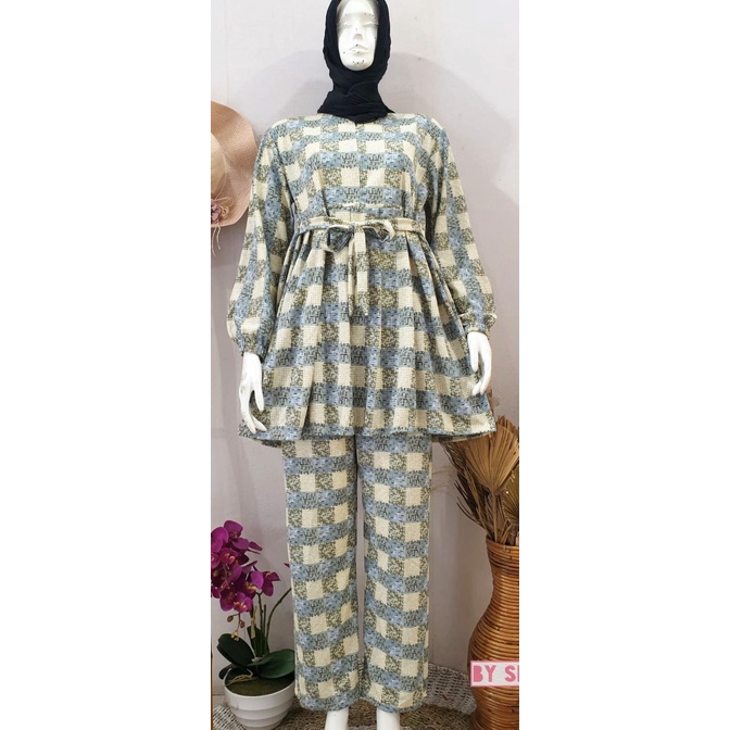 Setelan tunik busui rempel kotak bermotif bersaku + celana bahan voxy premium merk sincia