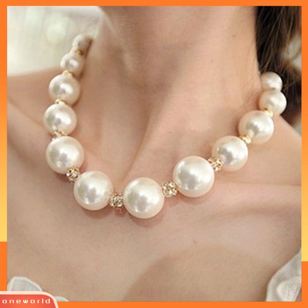 [WONE] Kalung Wanita Berlian Imitasi Mutiara Imitasi Bahan Alloy Round Short Type Necklace Untuk Valentine Day