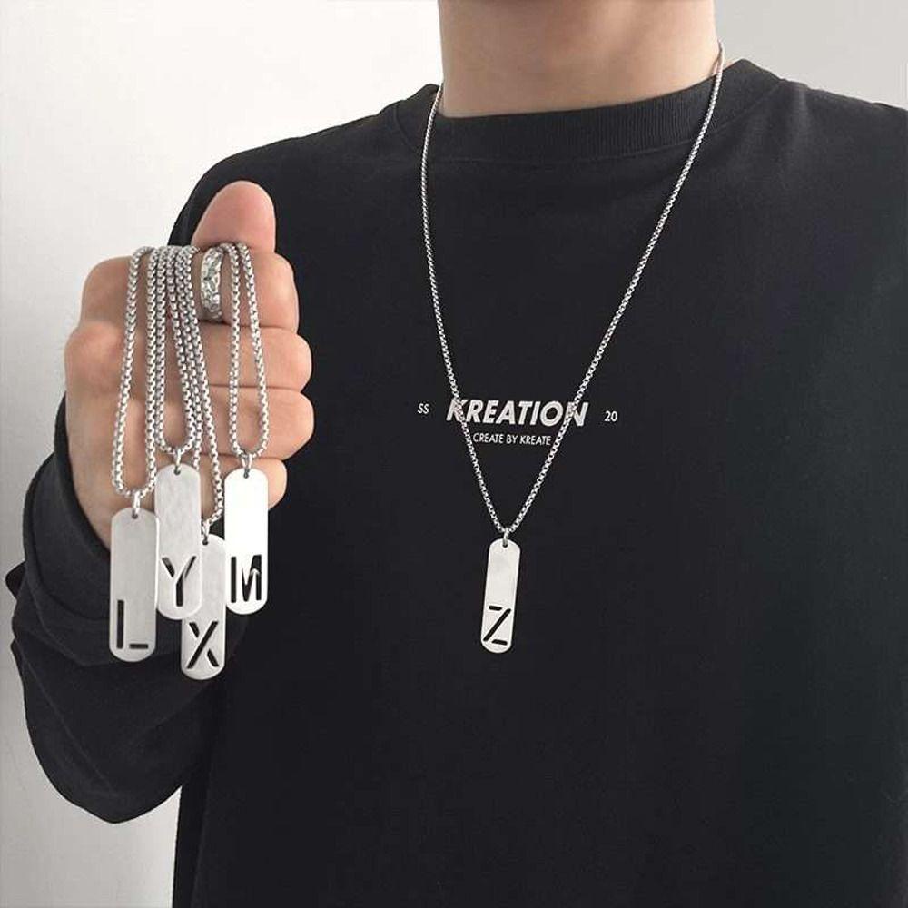 Needway   Kalung Pria Trendy Keren Simple Inisial Hadiah Luntur Pasangan Gratis 26huruf A-Z Persegi Panjang Liontin Sweater Rantai