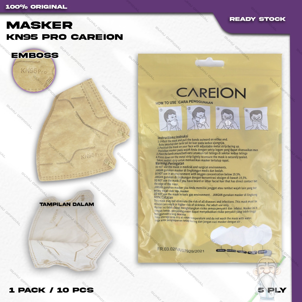 Masker KN95 PRO CAREION 5Ply Isi 10Pcs Warna Apricot Hybrid Earloop Surgical Mask Kemenkes