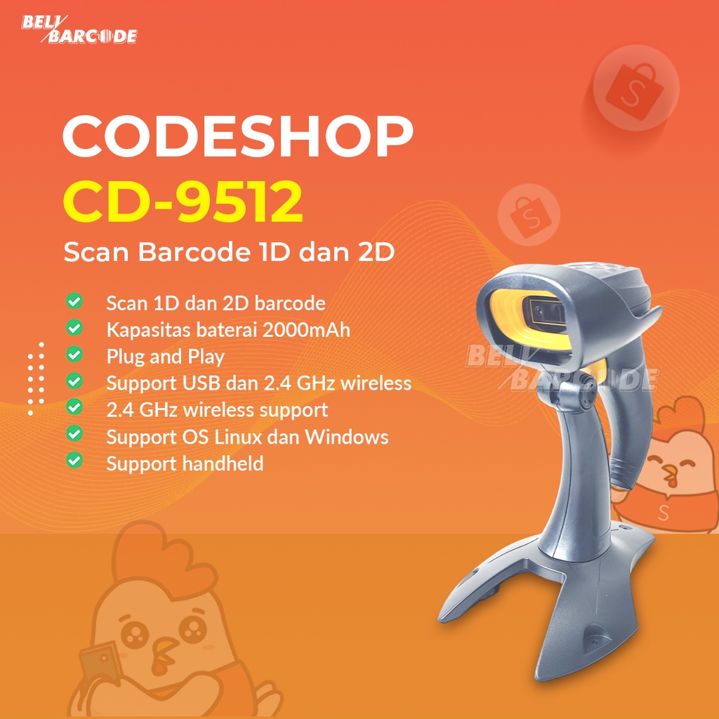 Scanner Barcode CODESHOP CD-9512 Koneksi USB Dan Wireless