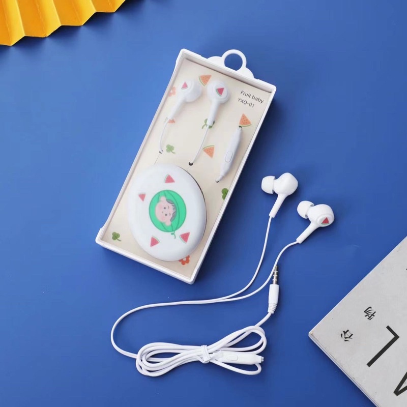 [YXQ-01] Set Headset Earphone karakter motif FRUIT BABY IMUT + Wadah tempat penyimpanan Earphone Mot