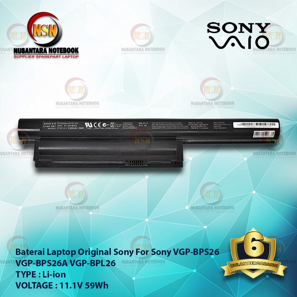 Baterai Original Sony VGP-BPS26 VGP-BPS26A VGP-BPL26 Black 11.1V 59Wh