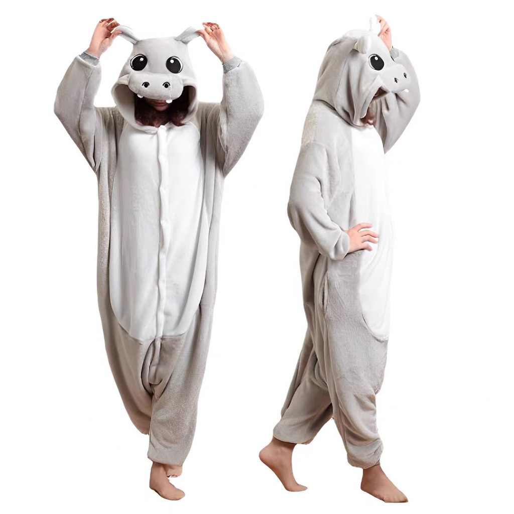 BAJU ONESIE KUDA NIL BADAK AIR HIPPOPOTAMUS RHINOCEROS KOSTUM PESTA COSPLAY KIGURUMI IMPOR ABU ABU PINK