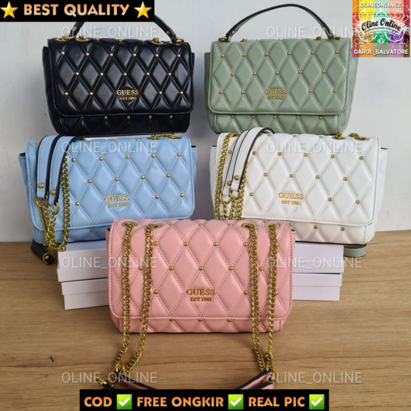 1814-1818(WODB) tas wanita triana studded diamond motif 5 color winter collection sage green white pink crystal blue black gb gs quilted shoulder and sling bag two way paku paku mote besi gold convertible bag