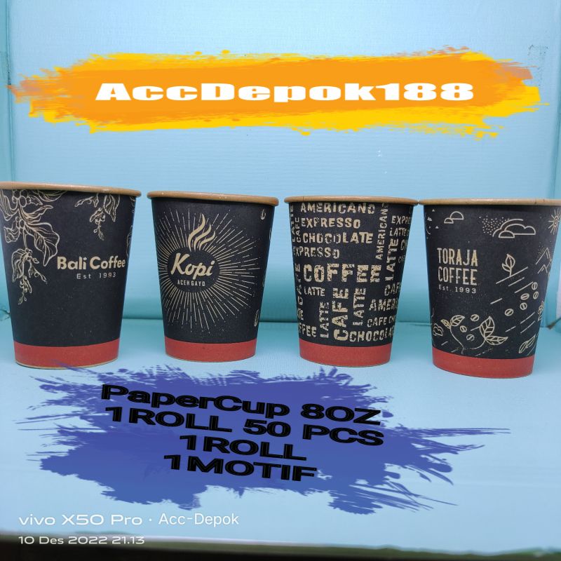 GELAS KERTAS KRAFT / PAPER CUP 8 OZ KRAFT GELAS DALAM WARNA COKLAT / 8OZ MOTIF 50 PCS