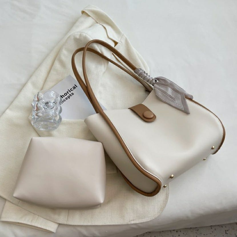 Tote Bag Wanita 4229 / Tas Bahu Florida Free Pouch + Syall Twilly-Putih Kombi