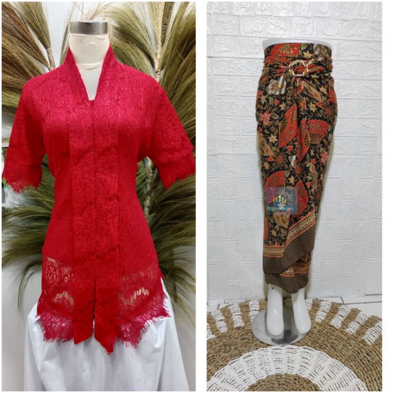 SETELAN KEBAYA PESTA WANITA MODERN FLOY KUTUBARU RENDA TANGAN PENDEK +ROK LILIT SIZE S-XL