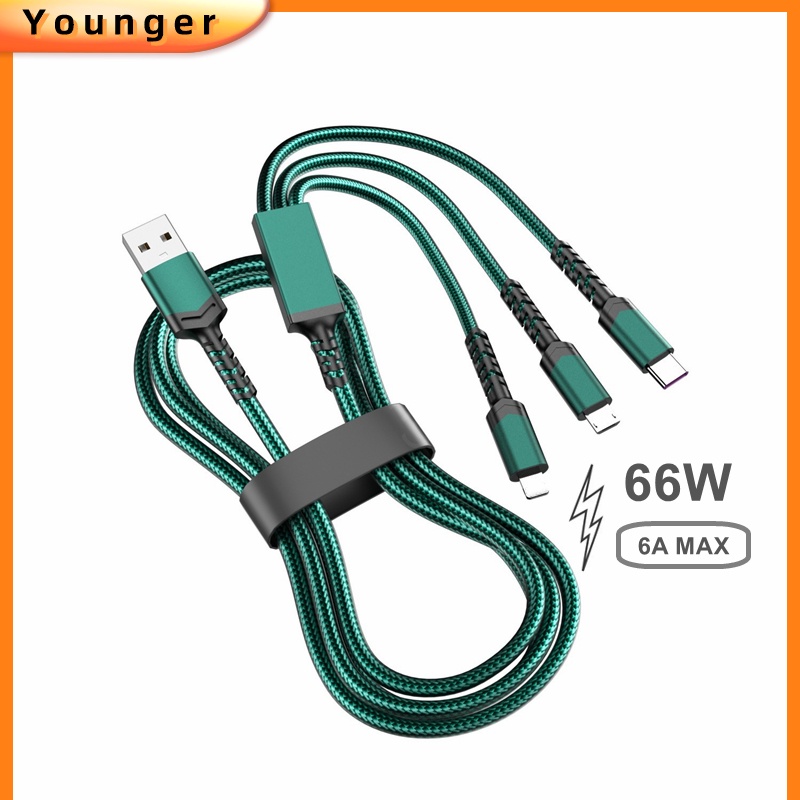 3in1 66W High-Power Braided Fast Charging Cable Micro USB 6A Flash Charger Cord Sepenuhnya Kompatibel Kabel Data Pintar Untuk i-phone Tipe C Android