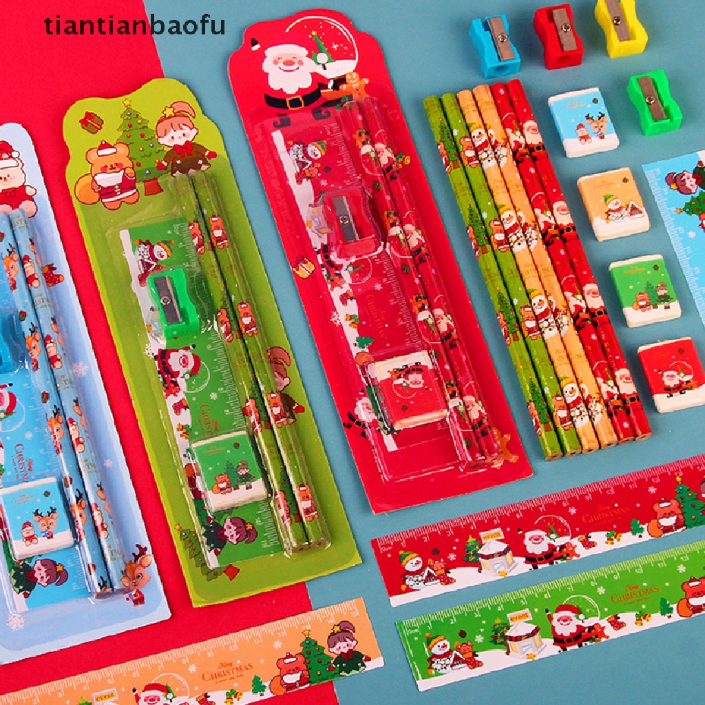 [tiantianbaofu] 5pcs /Set Lucu Kartun Stationery Set Natal Stationery Set Pensil Pengasah Penghapus Penggaris Set Hadiah Alat Tulis Siswa Hadiah Hari Anak Butik