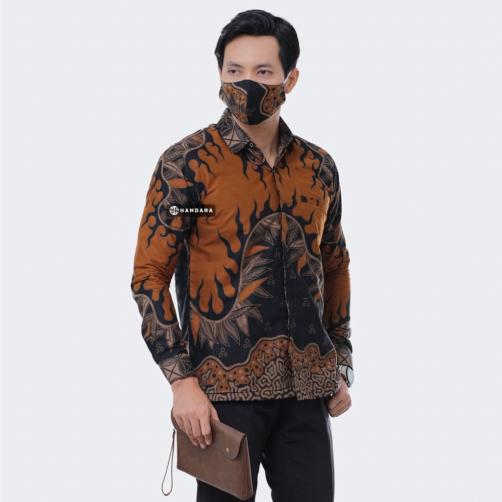 Baju Kemeja Batik Pria Lengan Panjang Slim Fit Premium Modern Full Furing Katun Halus Original Handara Motif Byrna Oren Coklat HB-289