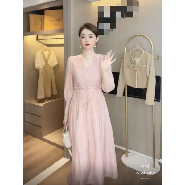 V-Neck Dress Kerah Brukat Free Inner M256