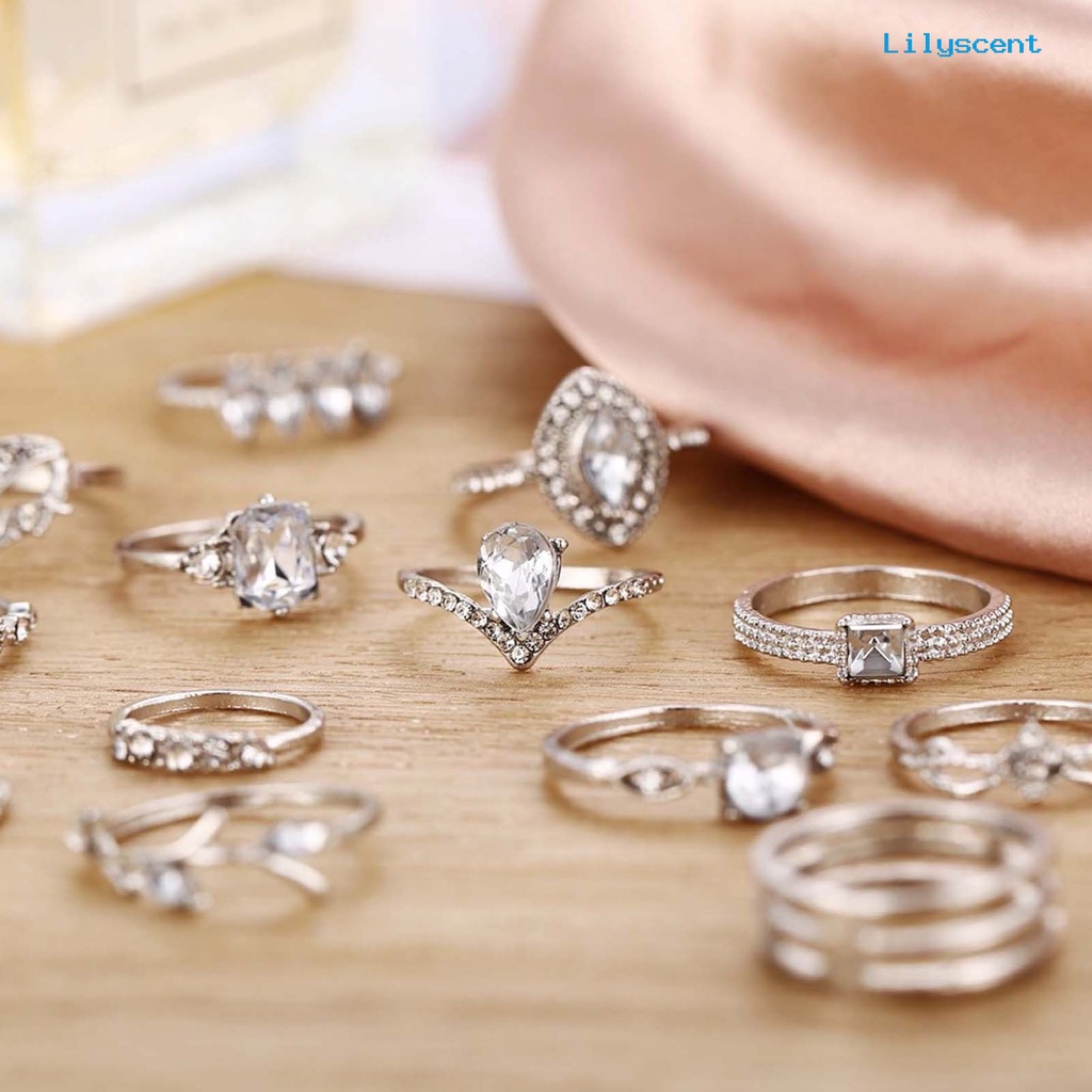 [LS]15Pcs /Set Cincin Jari Individualitas Kreatif Alloy Pola Berbeda Cincin Berlian Imitasi Untuk Kehidupan Sehari-Hari