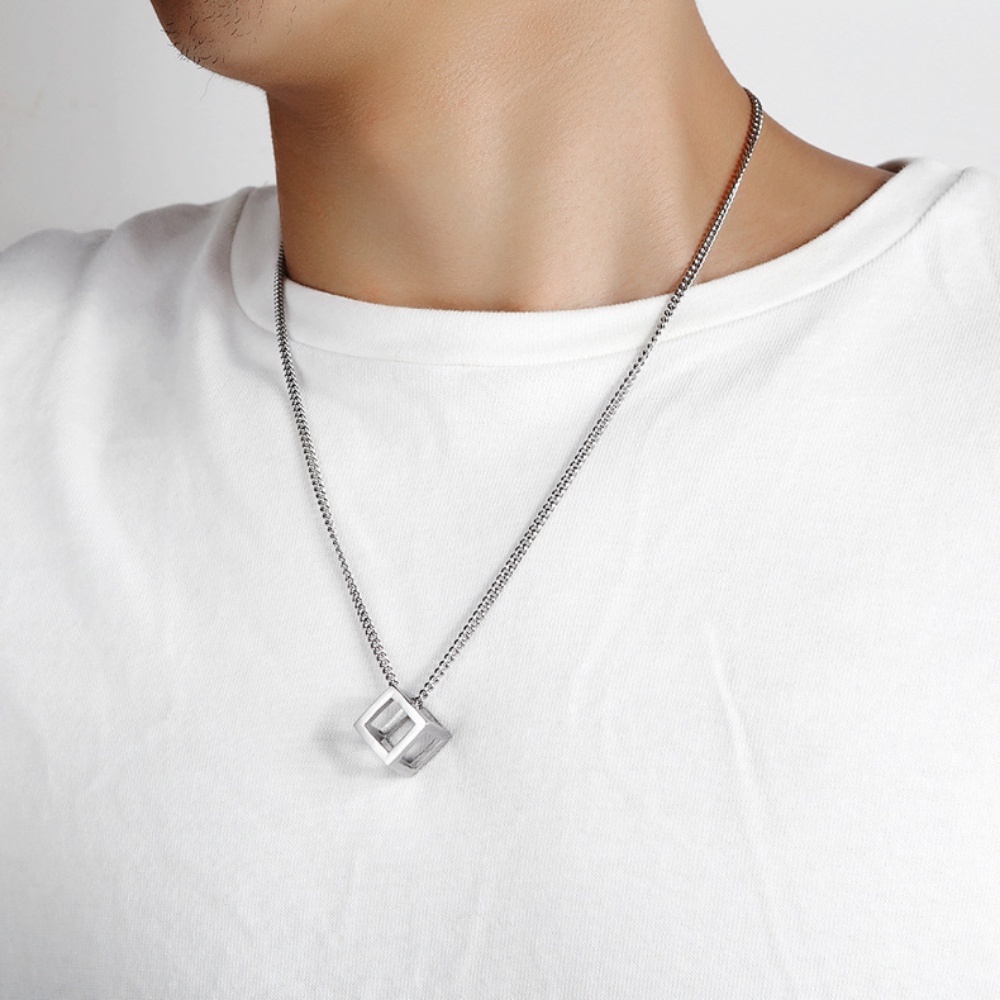 Geometri Kubus Liontin Rantai Liontin Rantai Perak Hitam Baja Titanium Sederhana Punk Pria Wanita Fashion Perhiasan Kalung Choker