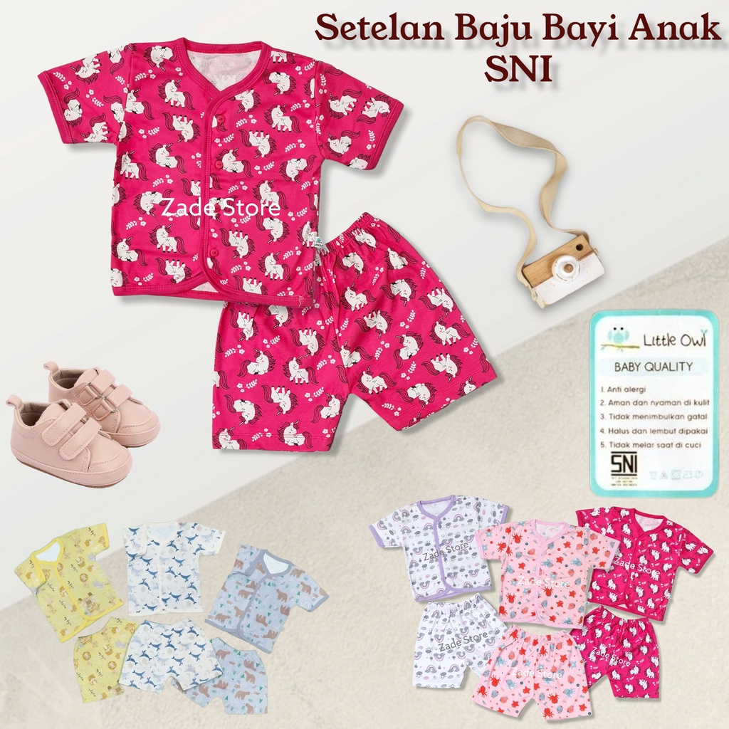 Setelan baju bayi SNI Little owl baju bayi kancing lengan Pendek + celana  pendek set baju anak newborn atasan bawahan bayi baru lahir LO-34