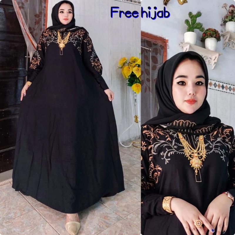 Gamis Hikmat KW Free Hijab segi4 dada dan lengan bordir