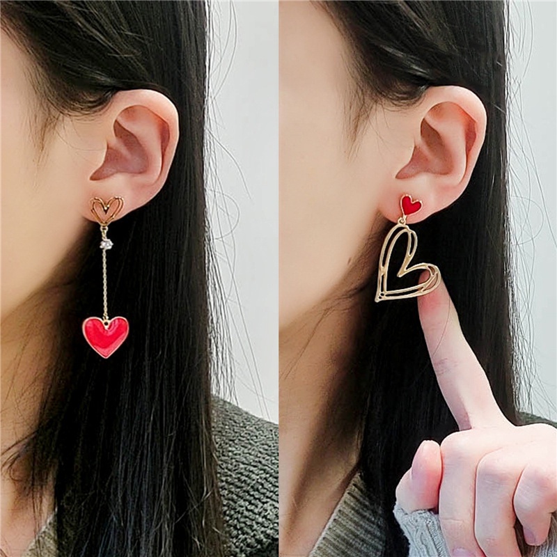 Fashion Wanita Merah Asimetris Jantung Anting Manis Peach Heart