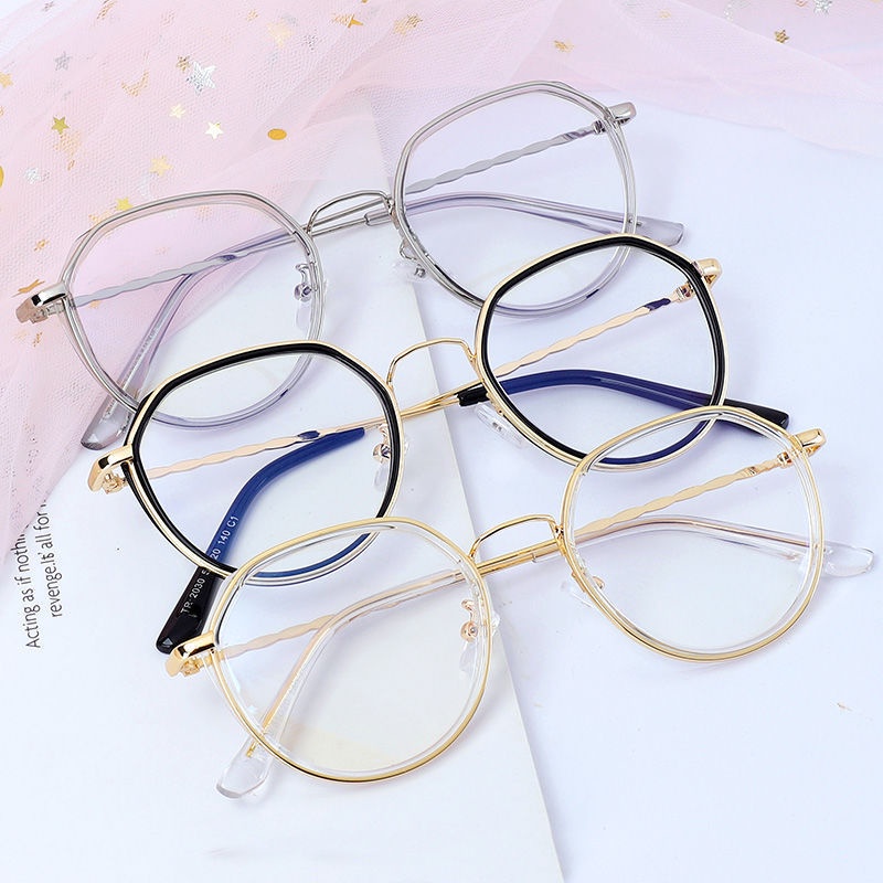 Roselife Trendy Hitam Emas Bingkai Bulat Kacamata Hitam Untuk Wanita Perempuan Fashion Blue Light Blocking Lens Glasses Korea Aesthetic Eyewear Outdoor OOTD Ornaments