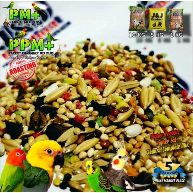 MAKANAN BURUNG J&amp;J PPM+ DAN PM+ 10KG PARROT PHARMACY MIX + DAN PARROT MIX +