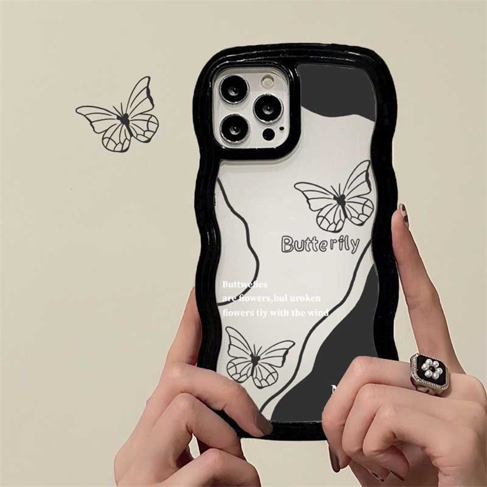 IPHONE Casing Bening Fashion Kompatibel Untuk Iphone11 14 12 13 Pro MAX iPhone7 8plus 6s Plus XR 14Plus XS MAX SE 2020hitam Retro Kupu-Kupu Lembut Bergelombang Tepi TPU Tahan Banting Ponsel Cover BY