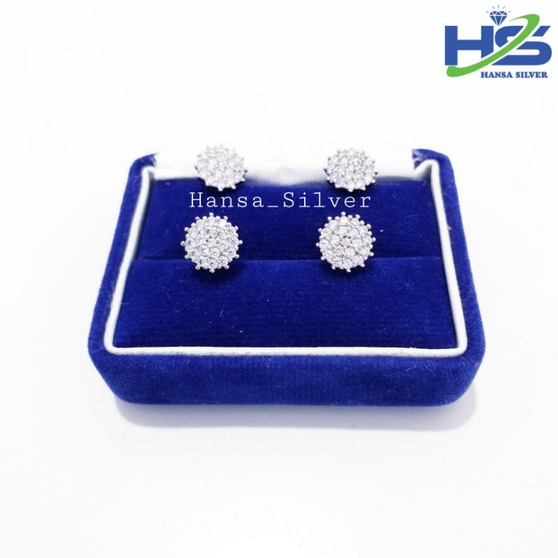 Anting Tusuk Perak Asli Silver 925 Lapis Emas Putih Model Giwang Bulat Bunga - Anting Wanita Anti Karat