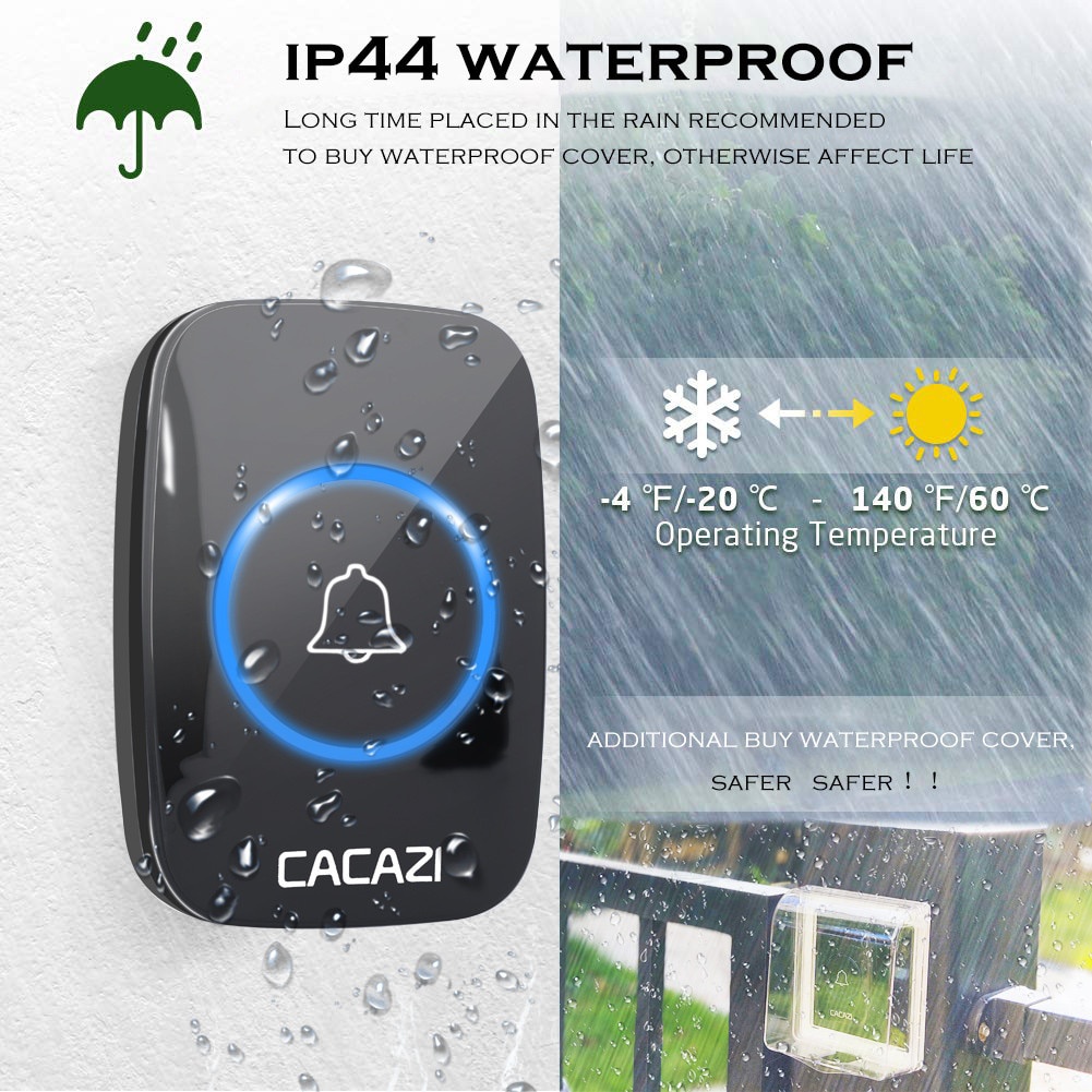 CACAZI Bel Pintu Wireless Doorbell Waterproof 2 Transmitter 2 Receiver - Black - 7RHA3GBK