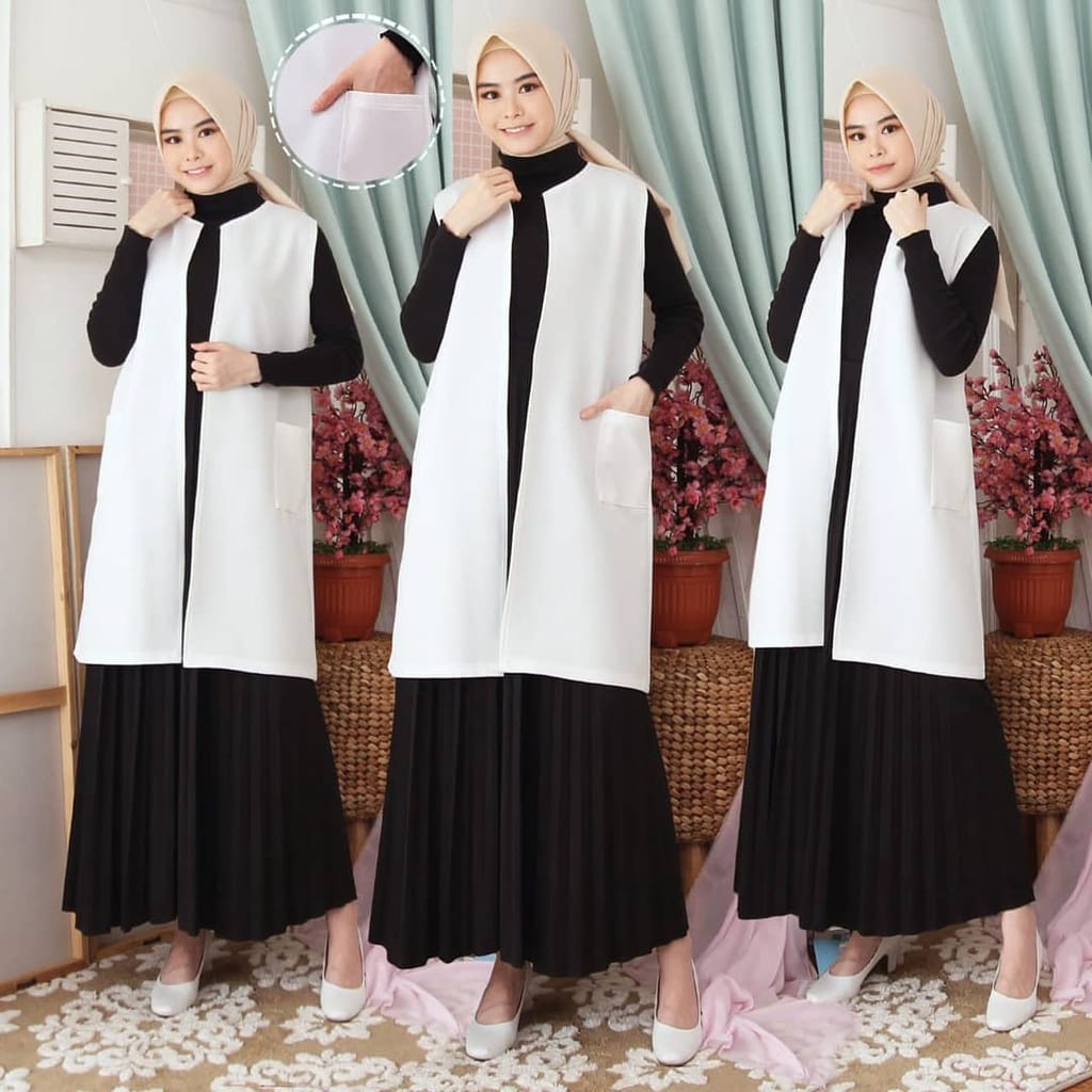 Long cardigan tanpa lengan premium/ outer wanita kekinian warna hitam putih polos/murah promo- bisa 