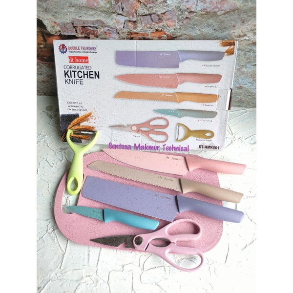 DOUBLE THUNDER 6 PCS SET Pisau Dapur Kitchen Knife Warna + Talenan 6pcs