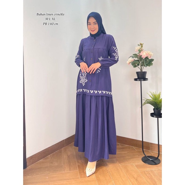 ZAJA - Baju Gamis Perempuan Cantik Dress Muslim Linen Cringkel Gamis Polos Bordir Cantik &amp; Mewah / Dress Muslim Katun Polos / Gamis Katun Toyobo Bordir Terbaru / Fashion Muslim Elegant &amp; Anggun / Gamis Bordir Ridd