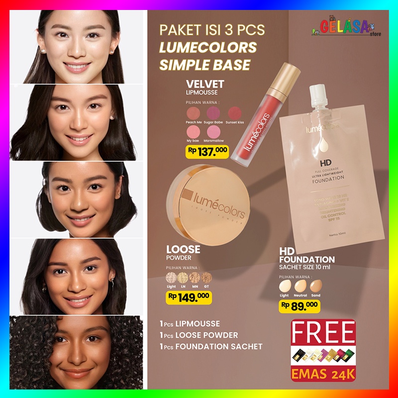 (Free Emas) Lumecolors Paket Bundling 3in1 Simple Base Loose Powder + Sachet Foundation 10ml + Lipmousse