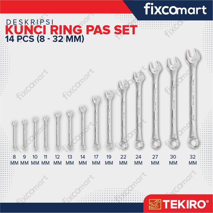 Tekiro Combination Wrench Set / Kunci Ring Pas Set 14 Pcs (8-32 Mm)