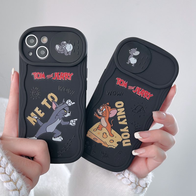 Couple Tom And Jerry Doll Push The Window Cover Soft Case iP iPhone 11 12 13 14 Pro Max + Plus Black Wavy Casing Apple