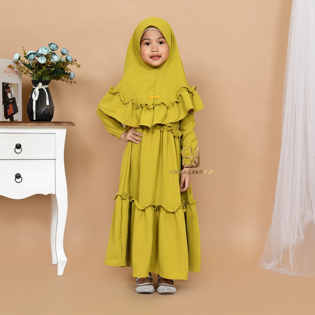 JIIRA baju gamis syari anak perempuan cringkle fashion muslim terbaru  FREE hijab khimar modern dres stelan kerudung serut susun 4 - 9 tahun manasik mengaji maulid nabi warna putih tulang hitam bata lilac lemon pink fuchia moca sagr green olive kekinian