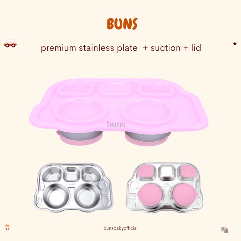Jual BUNS character Stainless plate dengan suction dan tutup piring