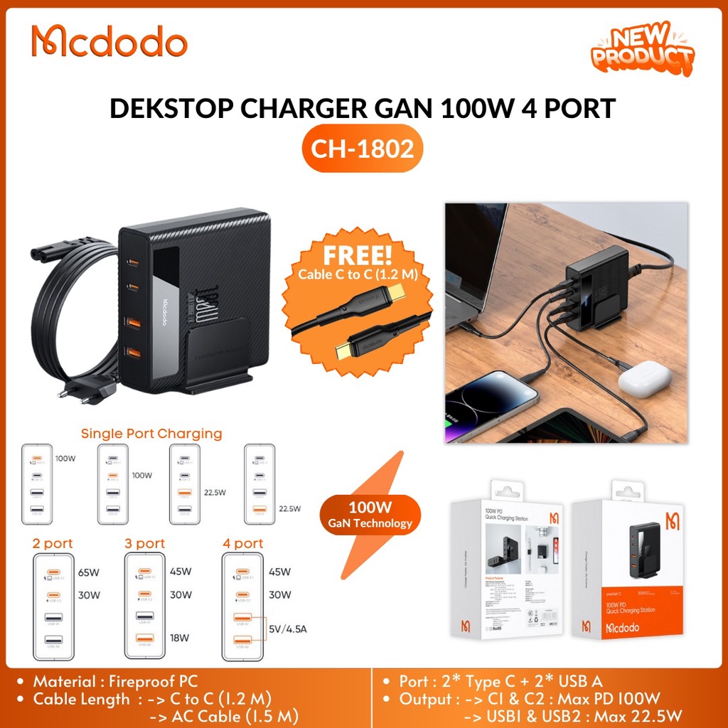 DESKTOP CHARGER GAN 100W 4PORT CH-1802