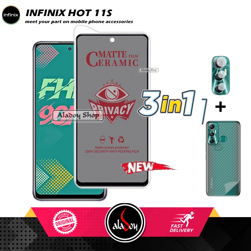 Tempered Glass Anti SPY Infinix Hot 11S Anti Gores Privacy + Tempered Glass kamera dan Skin Carbon