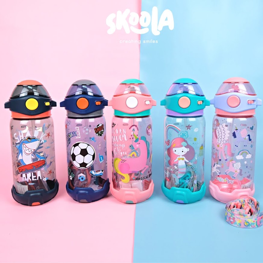 Skoola Botol Tempat Air Minum 500 ml dan Tas Anak Perempuan Laki - Laki Unicorn Cat Dino Bola - Wabo Spritz