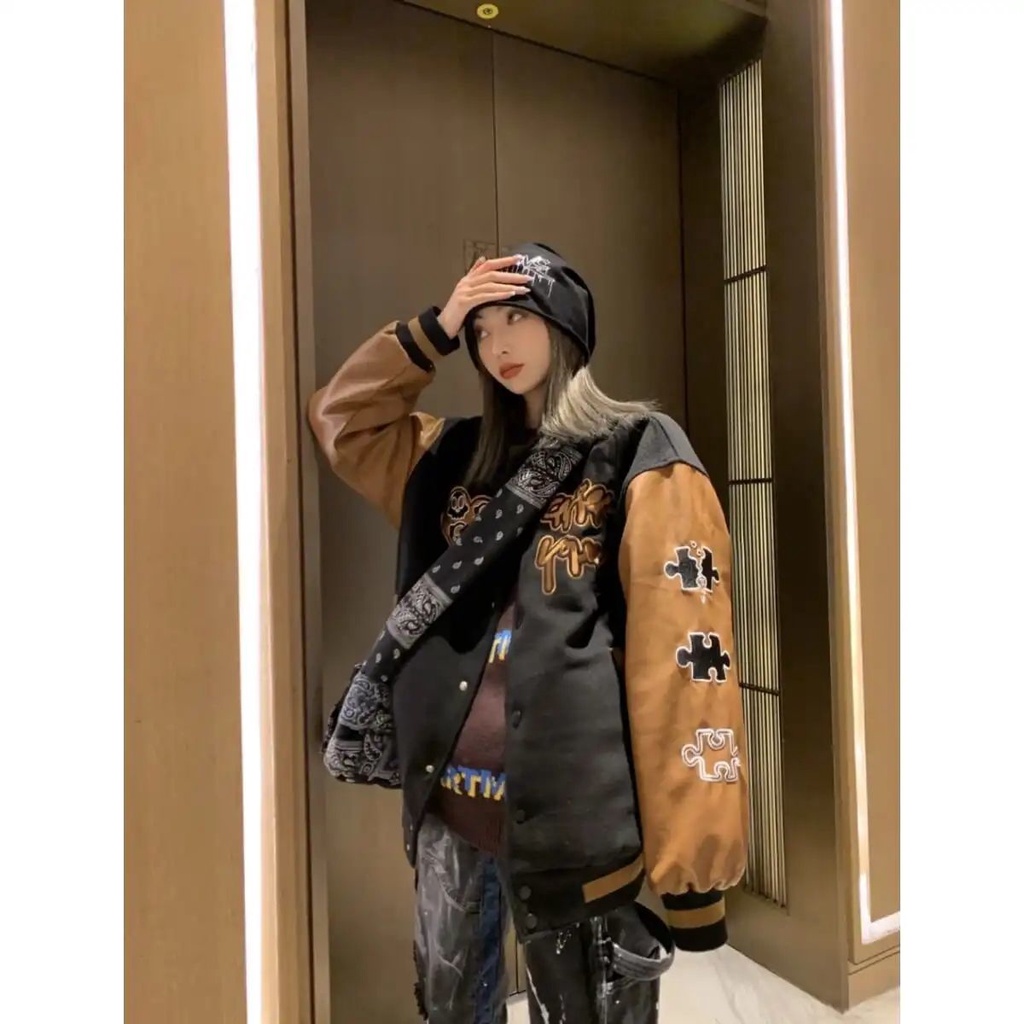 American Retro Bisbol Jaket untuk Wanita Jahitan Jaket Pasangan Longgar Kerah Pakaian Luar
