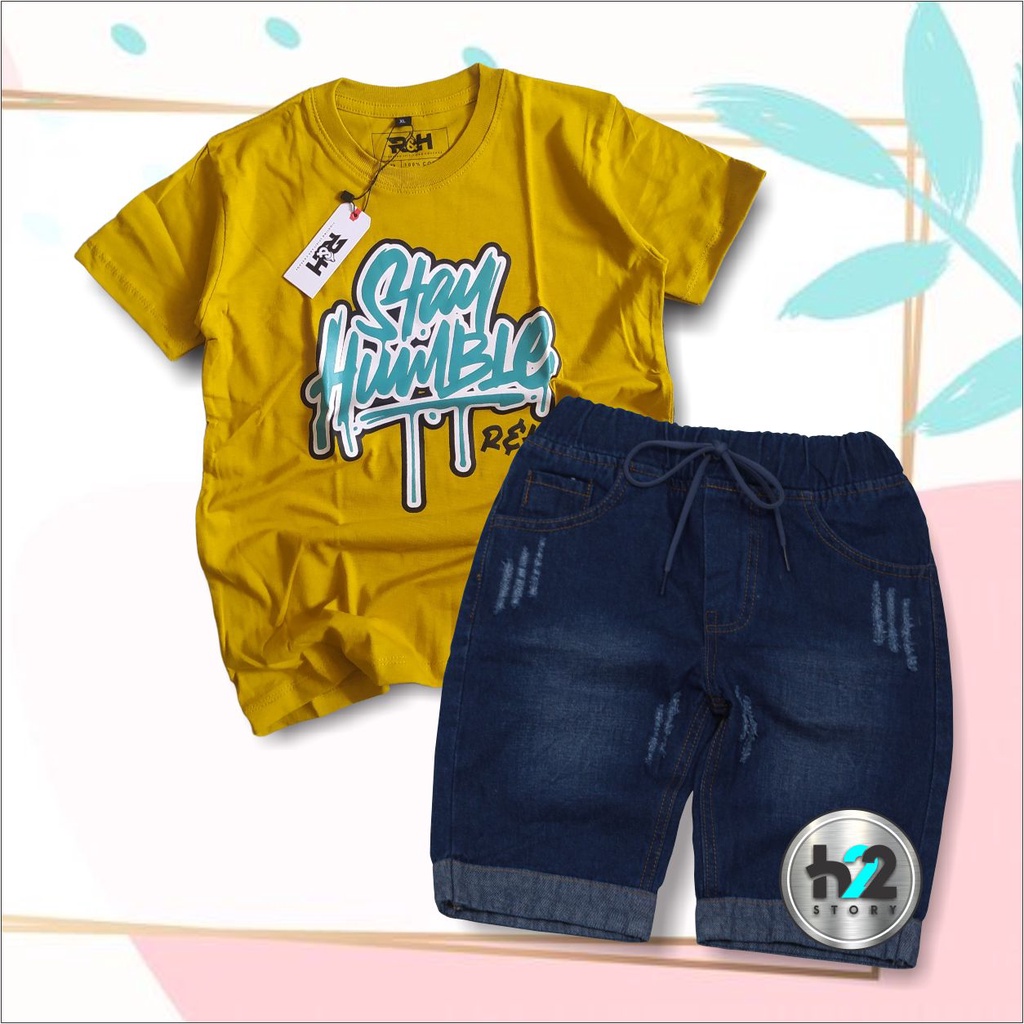 Setelan Anak Celana Jeans / Setelan Jeans Anak Laki Laki /  Setelan Kaos Distro Anak Celana Jeans Pendek Usia 3-12 Tahun / By H22Story