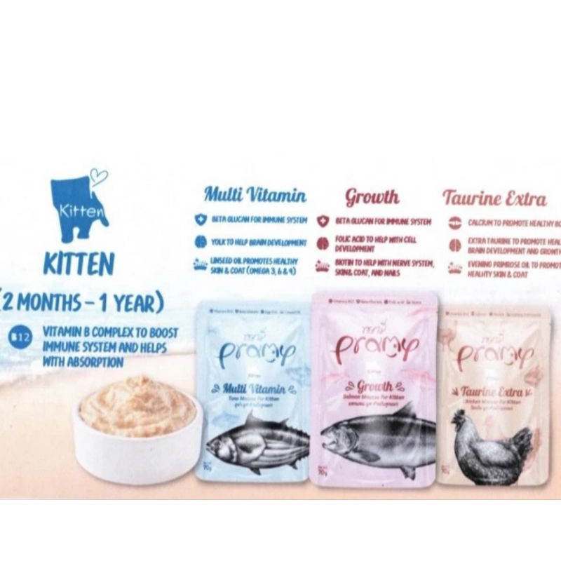 PRAMY CAT POUCH 70GR MAKANAN BASAH KUCING KITTEN CAT WET FOOD PRAMY MULTI VITAMIN GROWTH TAURINE EXT
