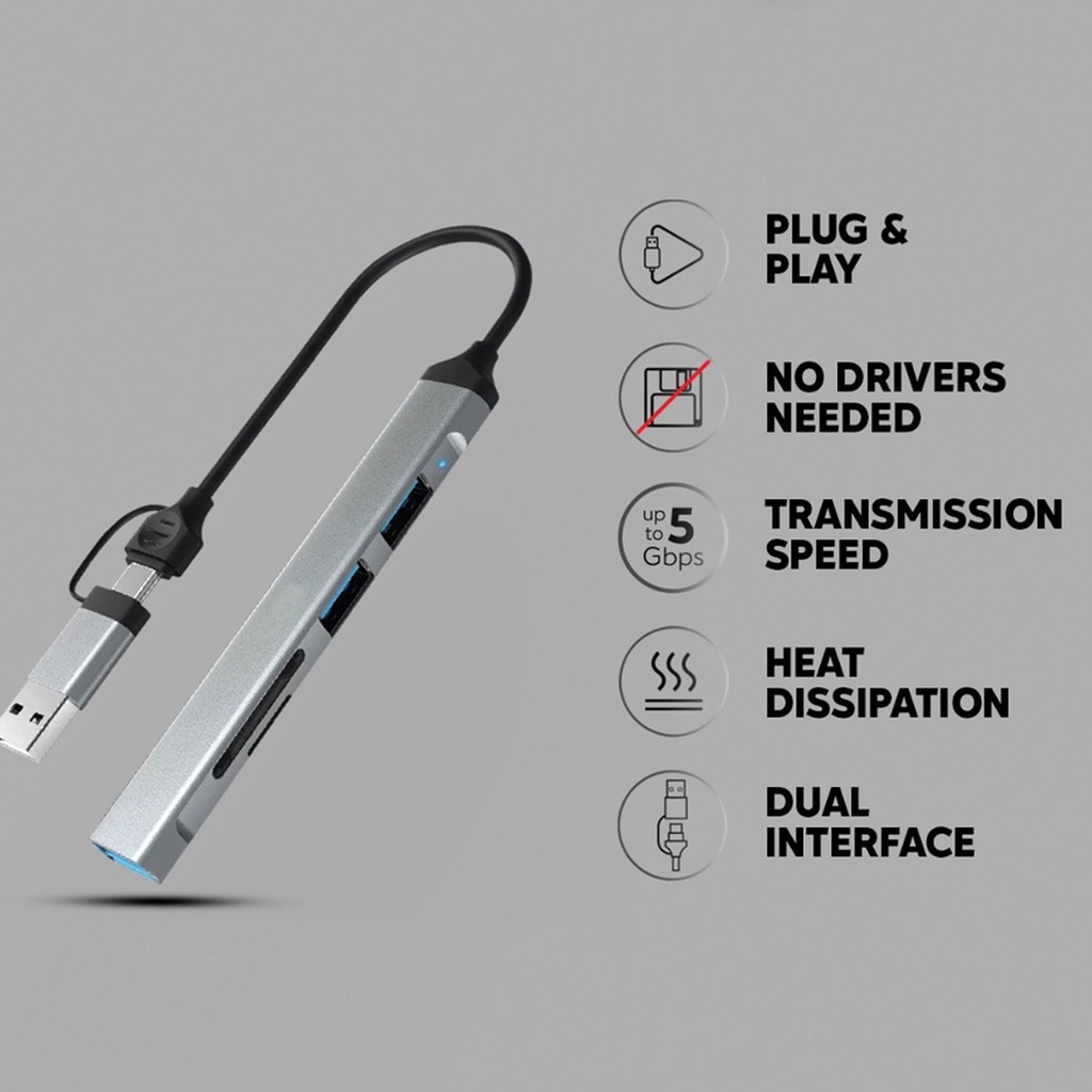 OTG Kabel Type C Hub 5 in 1 USB C / USB A HUB Aluminium Slim Adapter Converter Docking Station with USB 3.0 / USB 2.0 / SD / TF - CB