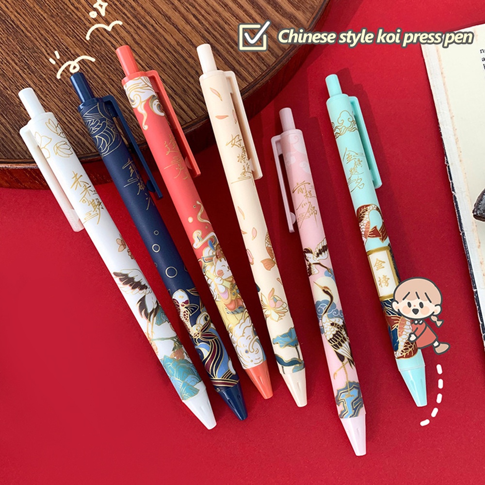 1/6pcs Gaya Cina Retro Push Core Neutral Pen 0.5mm Hitam Refill Pena Menulis Keberuntungan Tujuan Umum Siswa Alat Tulis Alat Tulis Kantor Sekolah Perlengkapan Alat Tulis