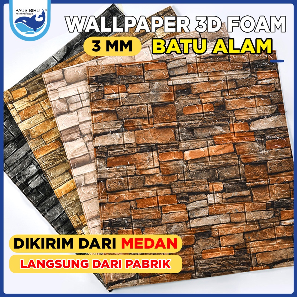 Jual Wallpaper Dinding 3D bata Batu Alam / wallpaper 3D Foam 77x70cm teban 3mm High Quality