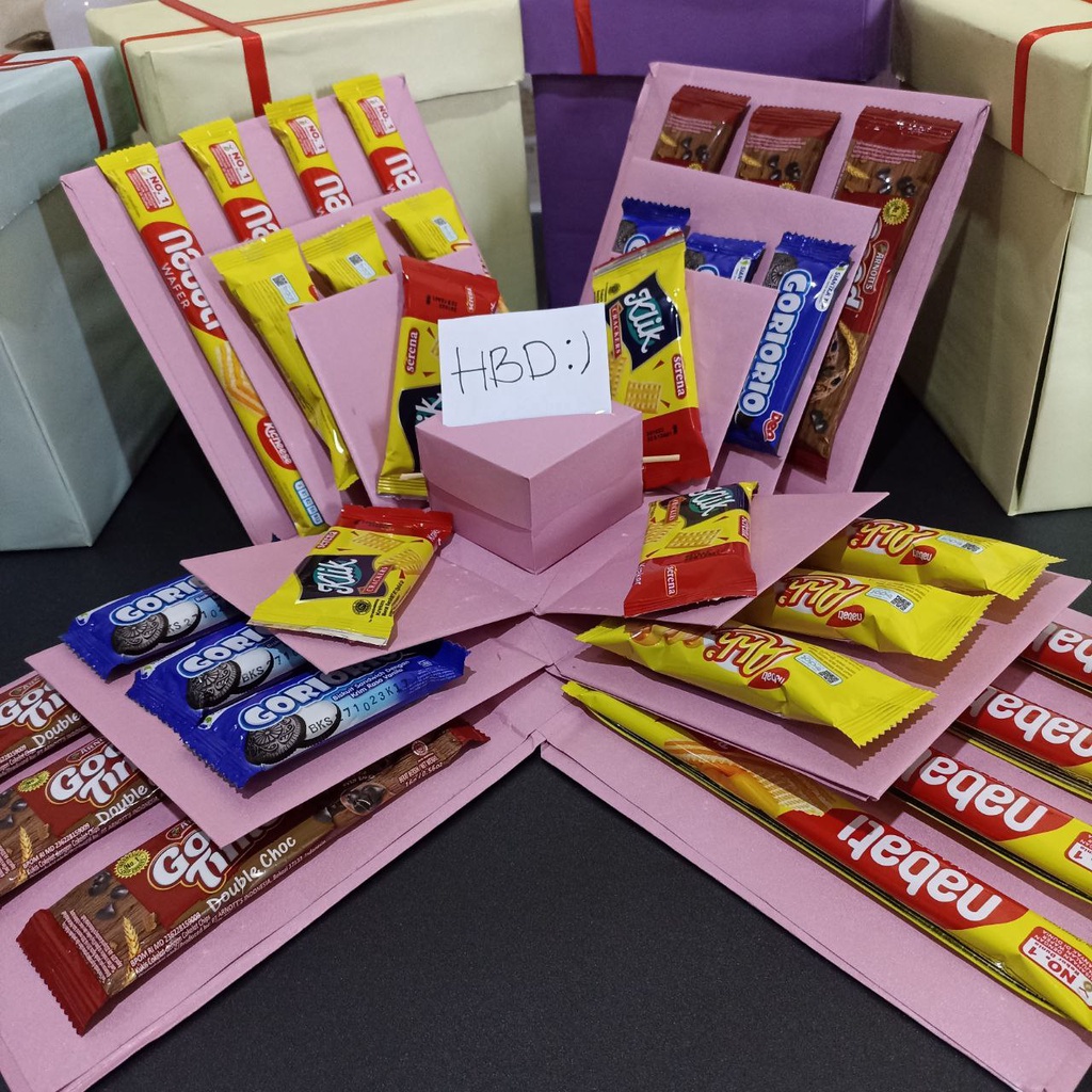 

SNACK BOX, EKSPLOSION BOX SNACK , BOX UANG, KADO ULANG TAHUN CEWEK PAKET BOX, KADO ULTAH WANITA, GIFT BOX 3 LAYER ADA TARIK UANG