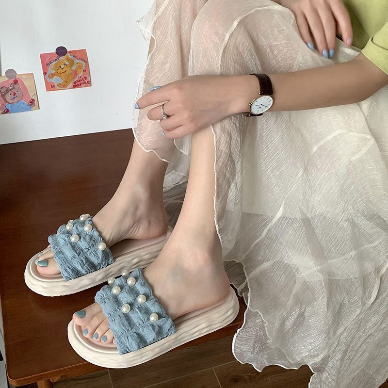 Sandal Slop Flat Sandal Wanita Slip On Fashion Style Motif Mutiara Sandal Kasual Nyaman Lentur Empuk PVC Satu7an SPT-36