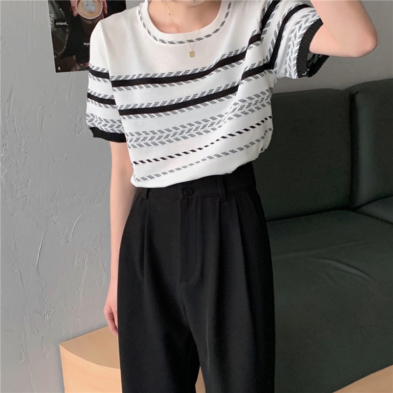 XIAOZHAINV Korean Style Stripe Kaos Atasan Wanita 0398