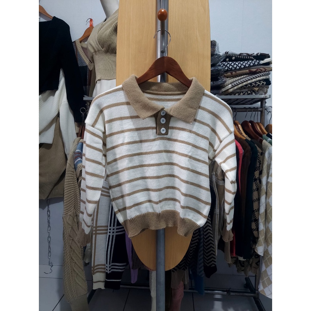 INEZ Top Knit rajut Stripe Blouse Polo