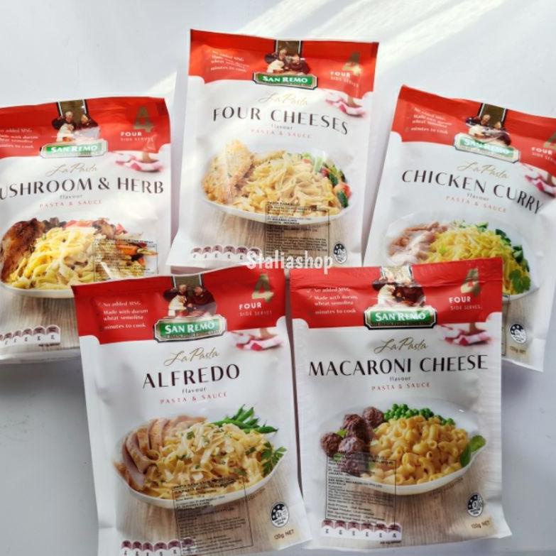 

[PRODUK Y80VQ] San Remo La Pasta Macaroni Cheese Alfredo Four Cheeses Chicken Curry TMG