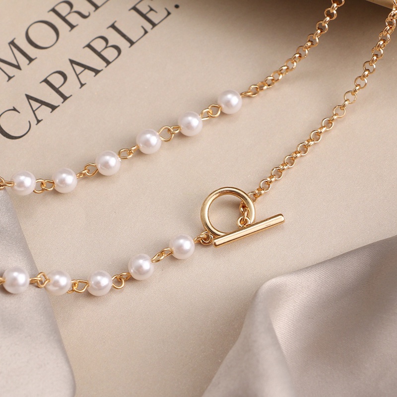 Ins Fashion Kalung Rantai Mutiara Wanita Warna Emas OT Gesper Alloy Bead Chain Necklace Untuk Wanita Pesta Perhiasan Hadiah