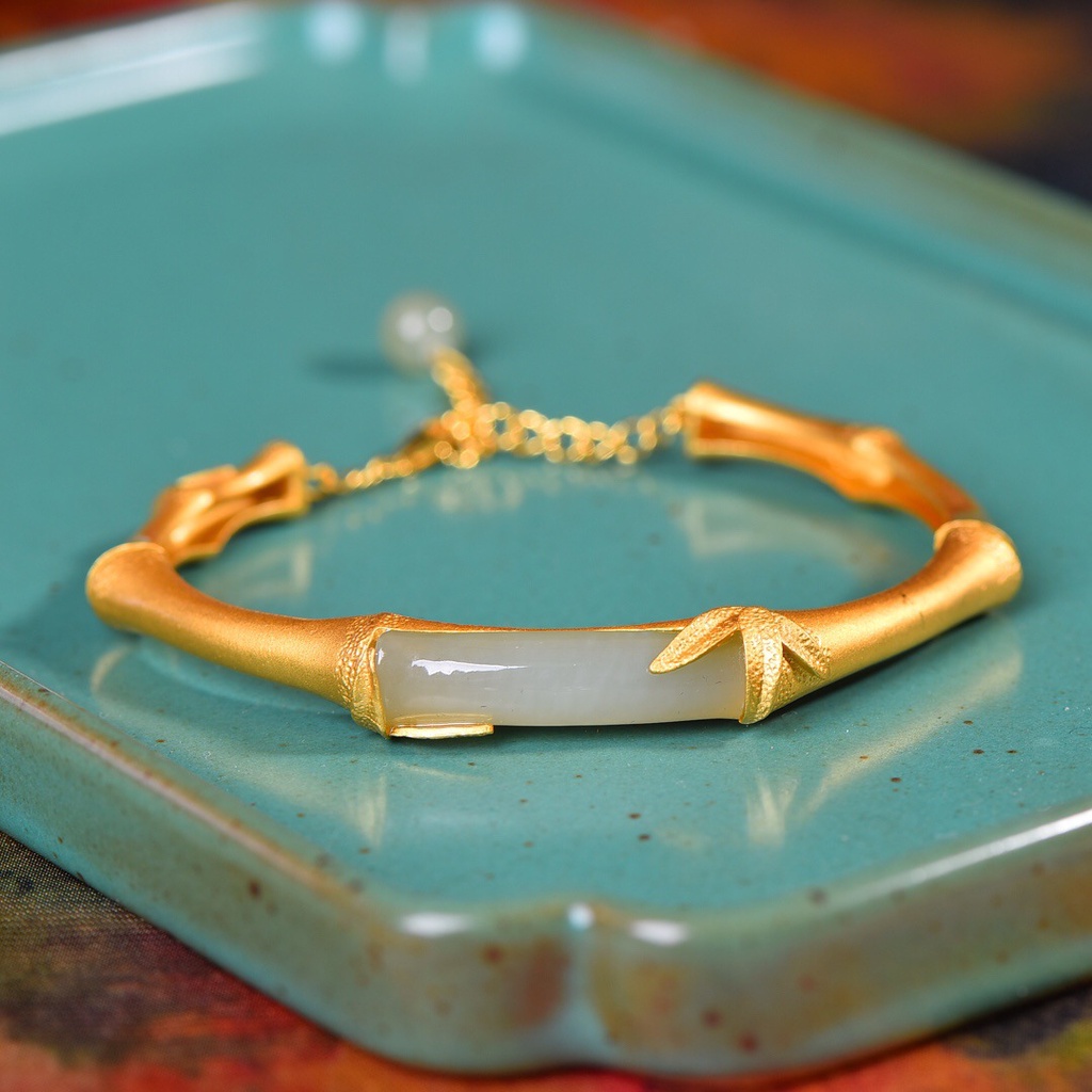 HZP Gelang Bambu Emas Metode Kuno Gelang Giok Hetian Alami Wanita Dapat Disesuaikan untuk Perhiasan 